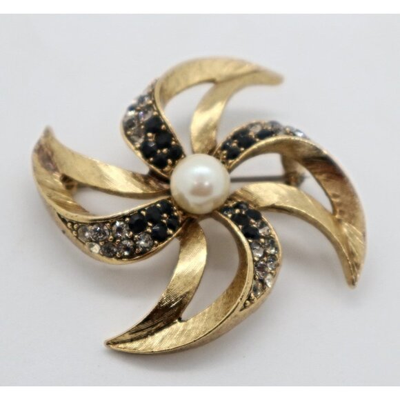 Vintage Brooch Faux Pearl & Rhinestones Pin - Picture 1 of 3
